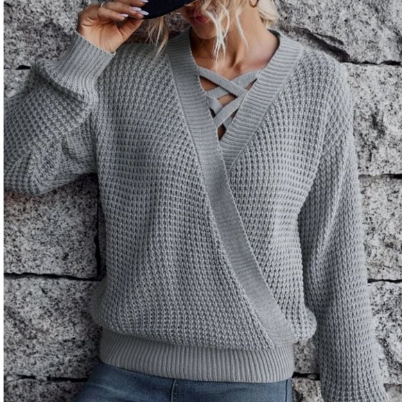 Casual Boho Criss Cross Surplice Neck knit Sweater Top - Picture 6 of 7